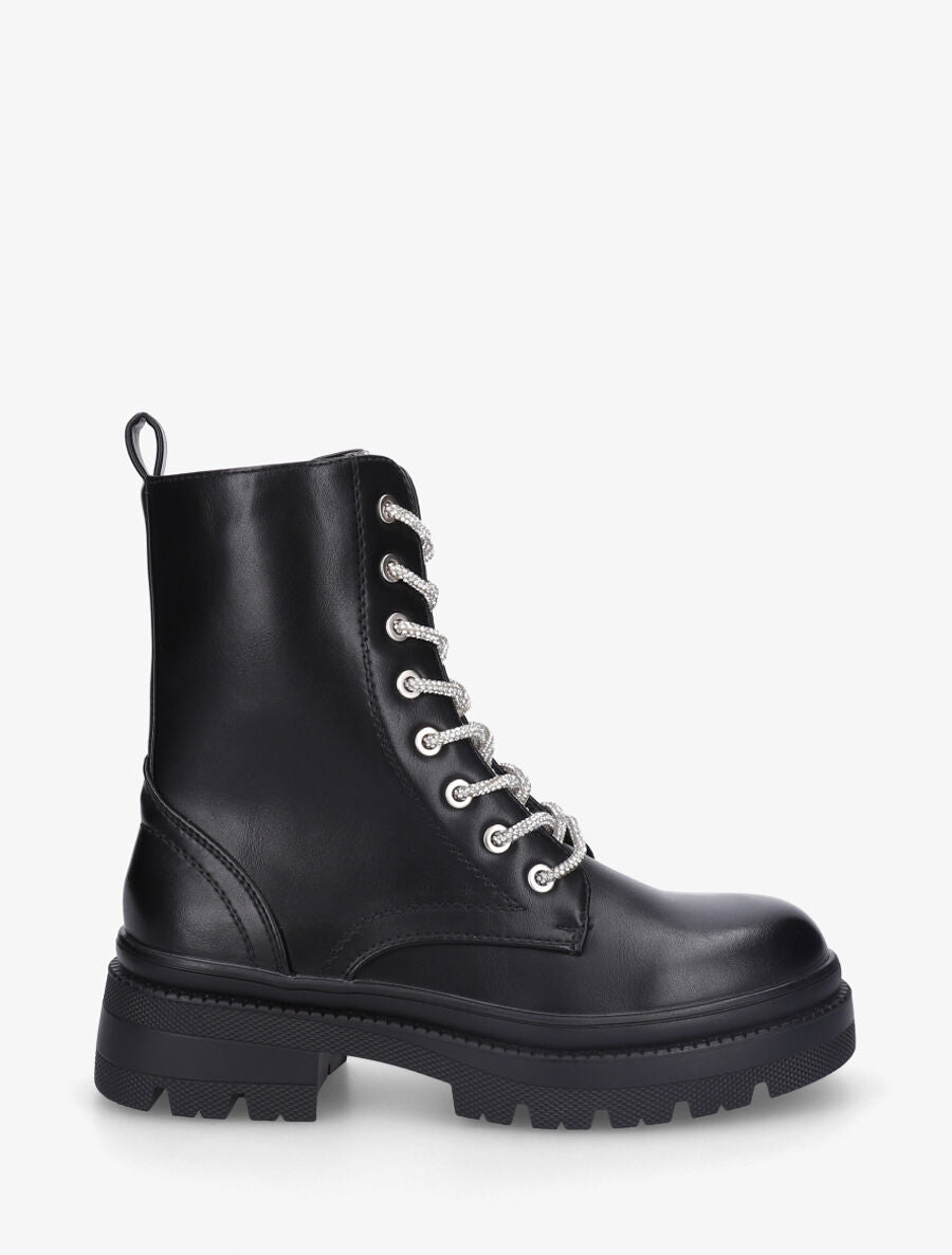 Bottines à languette et lacets strassés - Noir - 1