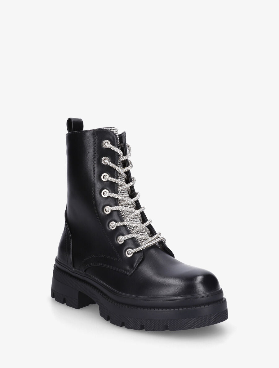 Bottines à languette et lacets strassés - Noir - 2