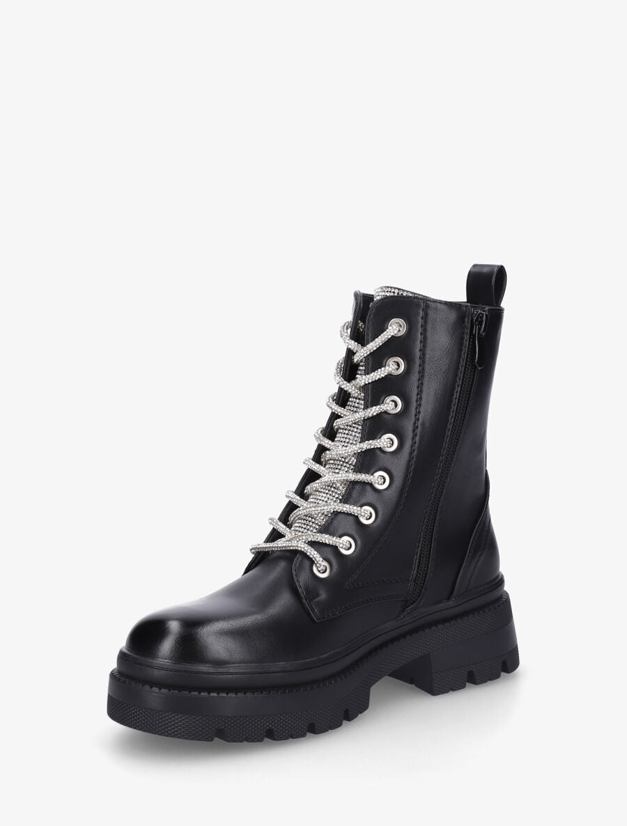 Bottines à languette et lacets strassés - Noir - 3