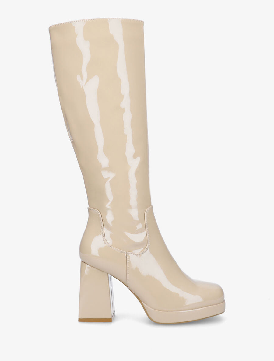 Bottes unies vernies à talon - Beige - 5