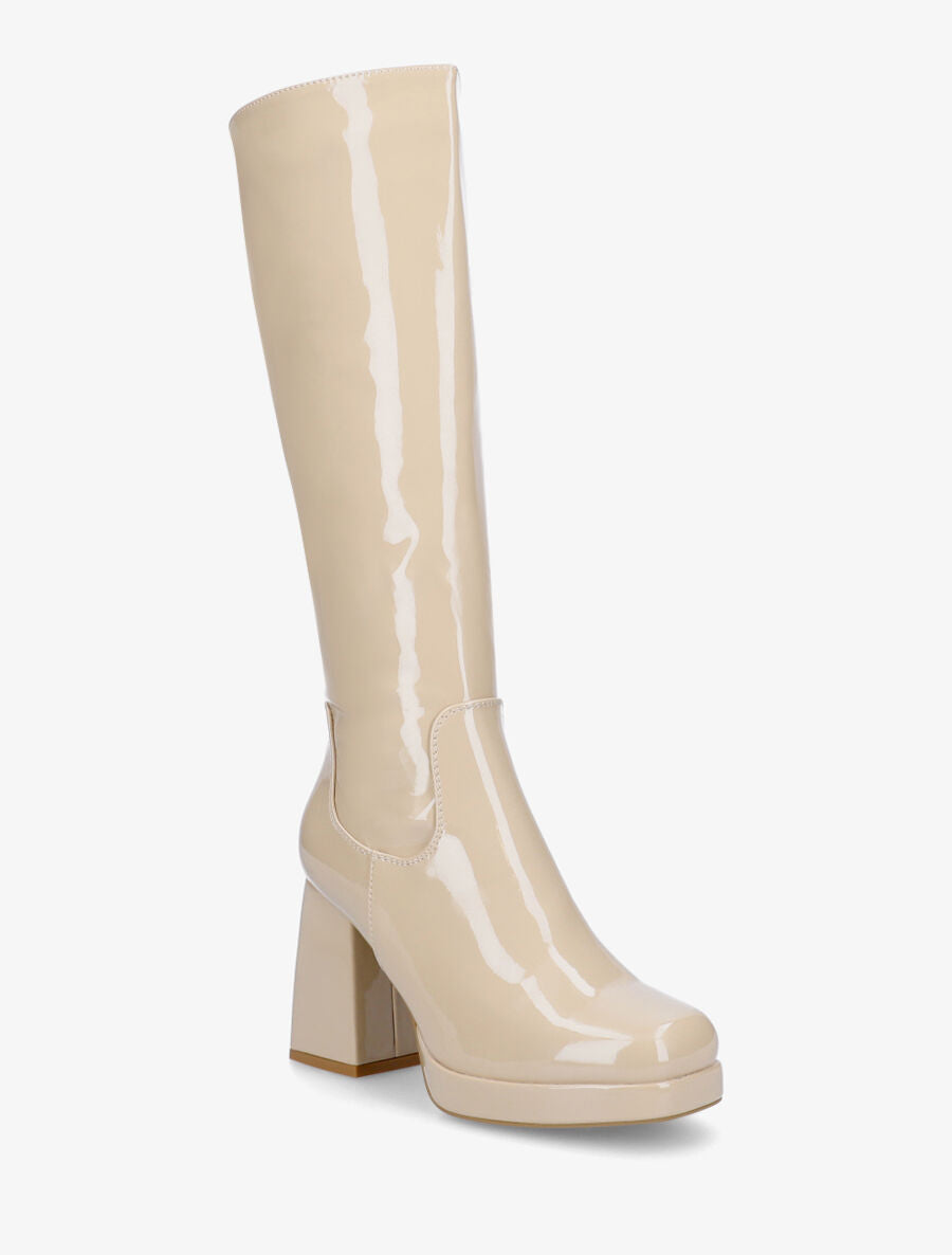 Bottes unies vernies à talon - Beige - 2