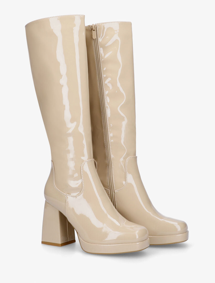 Bottes unies vernies à talon - Beige - 4