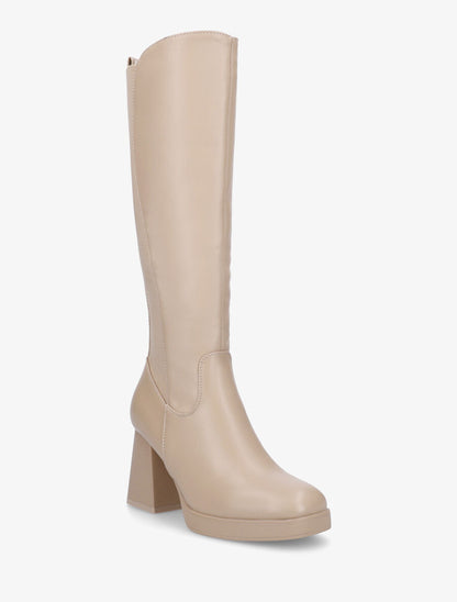 Bottes élastiquées unies en simili - Beige - 2