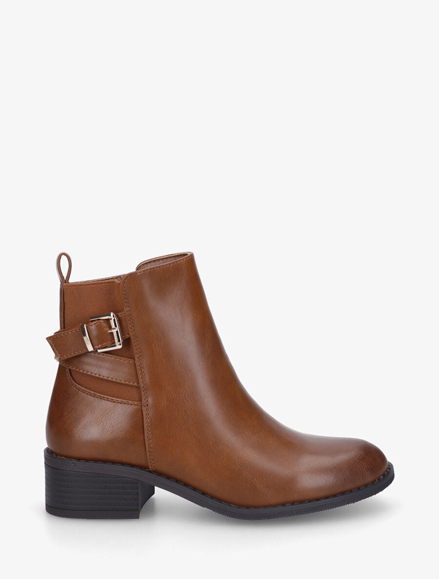 Bottines unies à cheville élastiquée et sanglée - Camel - 1
