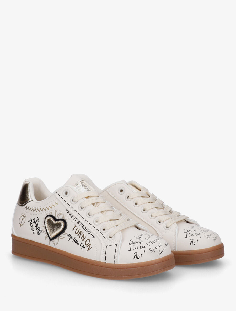 Sneakers en simili à flocage et empiècement coeur - Beige - 4