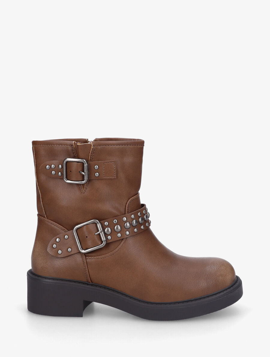 Bottines en simili à sangles cloutées - Camel - 5