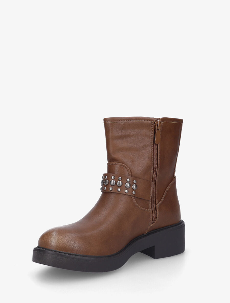 Bottines en simili à sangles cloutées - Camel - 3