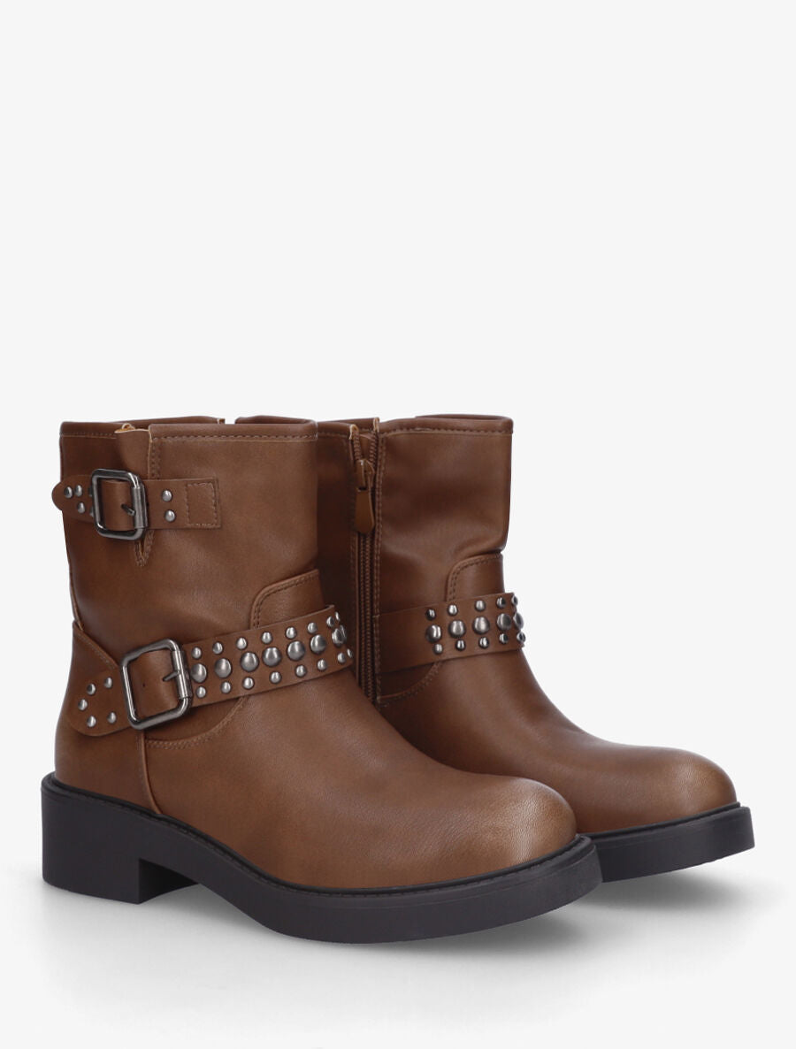 Bottines en simili à sangles cloutées - Camel - 4
