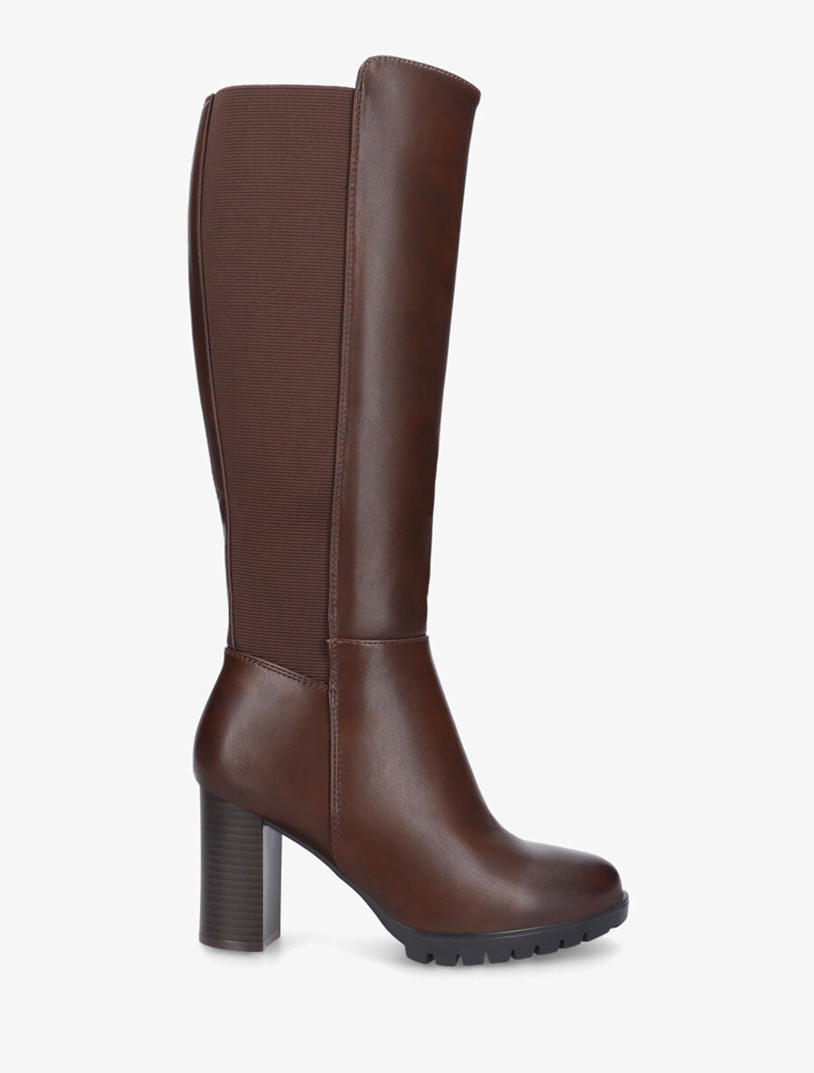 Bottes élastiquées unies à talon haut - Marron - 1