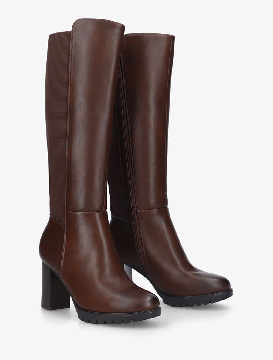 Bottes élastiquées unies à talon haut - Marron - 4