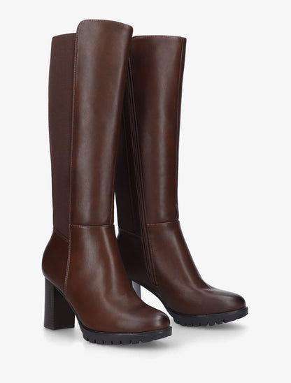 Bottes élastiquées unies à talon haut - Marron - 4