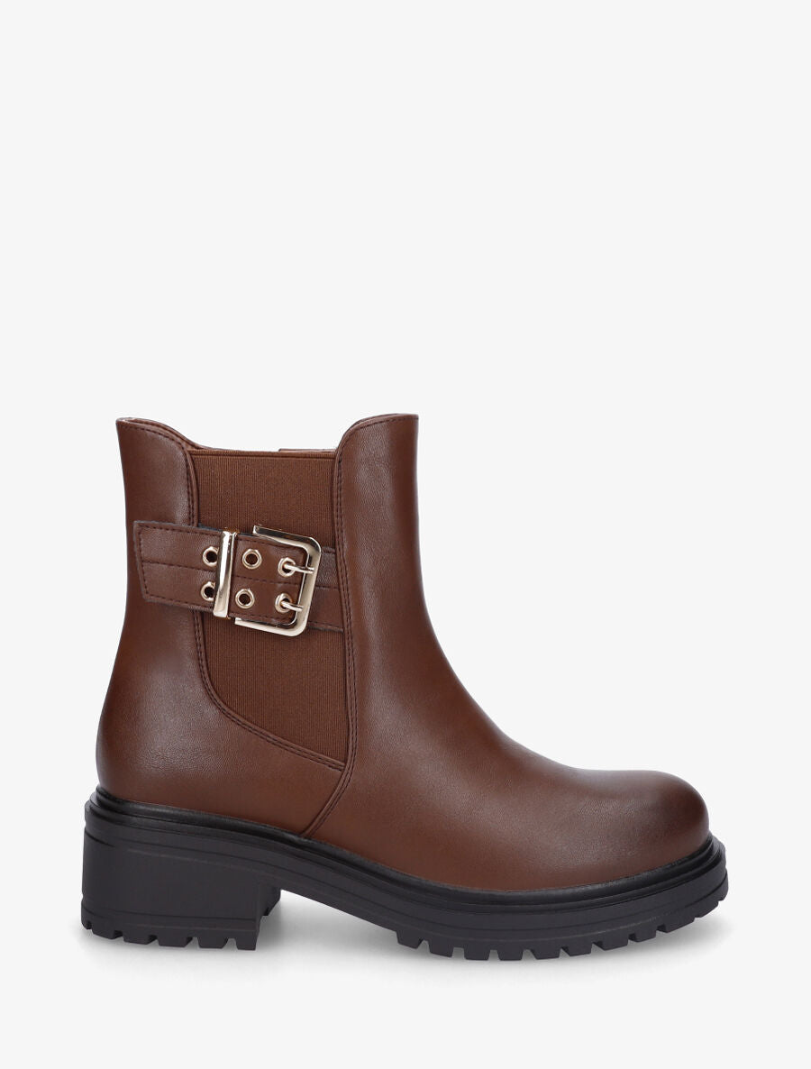 Bottines élastiquées et sanglées en simili - Marron - 1