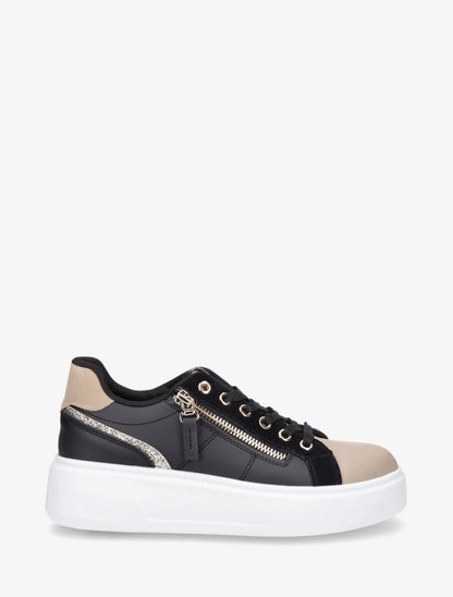 Sneakers unis à zip et bandes pailletées - Noir - 1