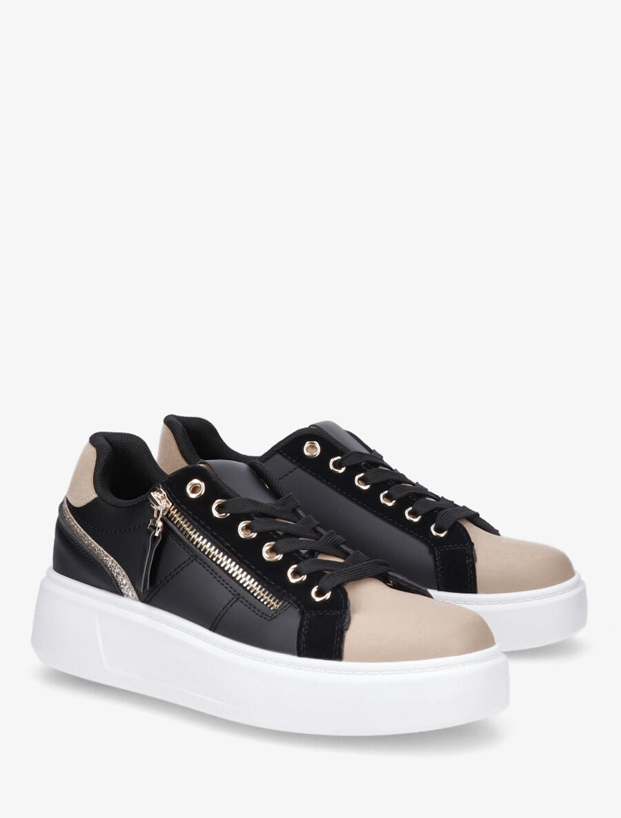Sneakers unis à zip et bandes pailletées - Noir - 4