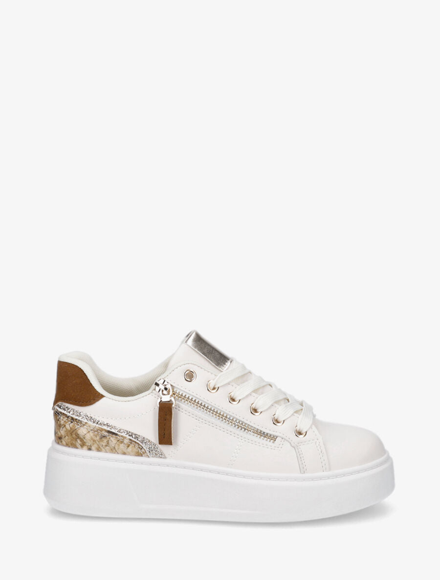 Sneakers unis à zip et bandes pailletées - Beige - 5
