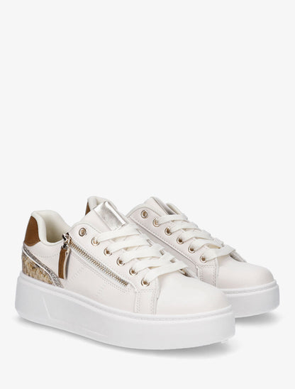 Sneakers unis à zip et bandes pailletées - Beige - 4
