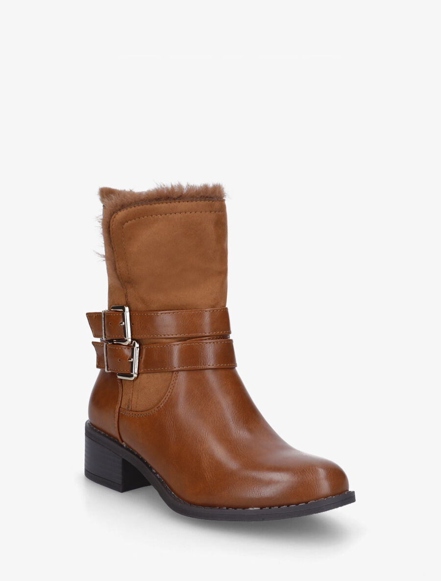 Bottines unies fourrées et sanglées - Camel - 2
