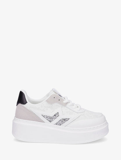 Sneakers en simili à détail dentelle et sequins - Blanc - 1
