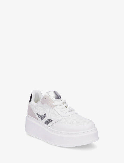 Sneakers en simili à détail dentelle et sequins - Blanc - 2