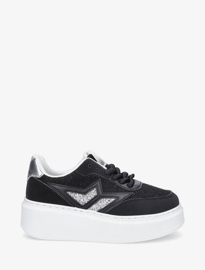 Sneakers en simili à détail dentelle et sequins - Noir - 1