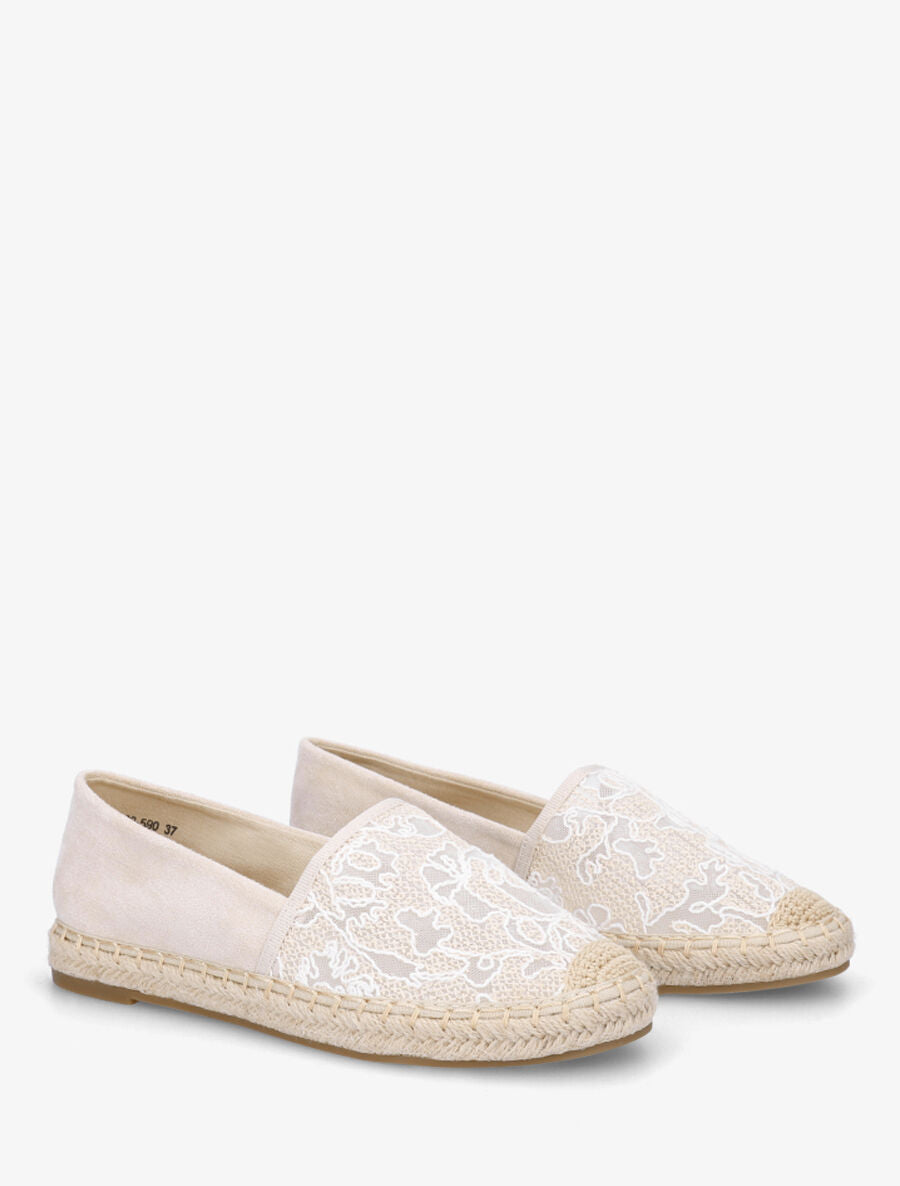 Espadrilles plates en suédine et dentelle - Beige - 4