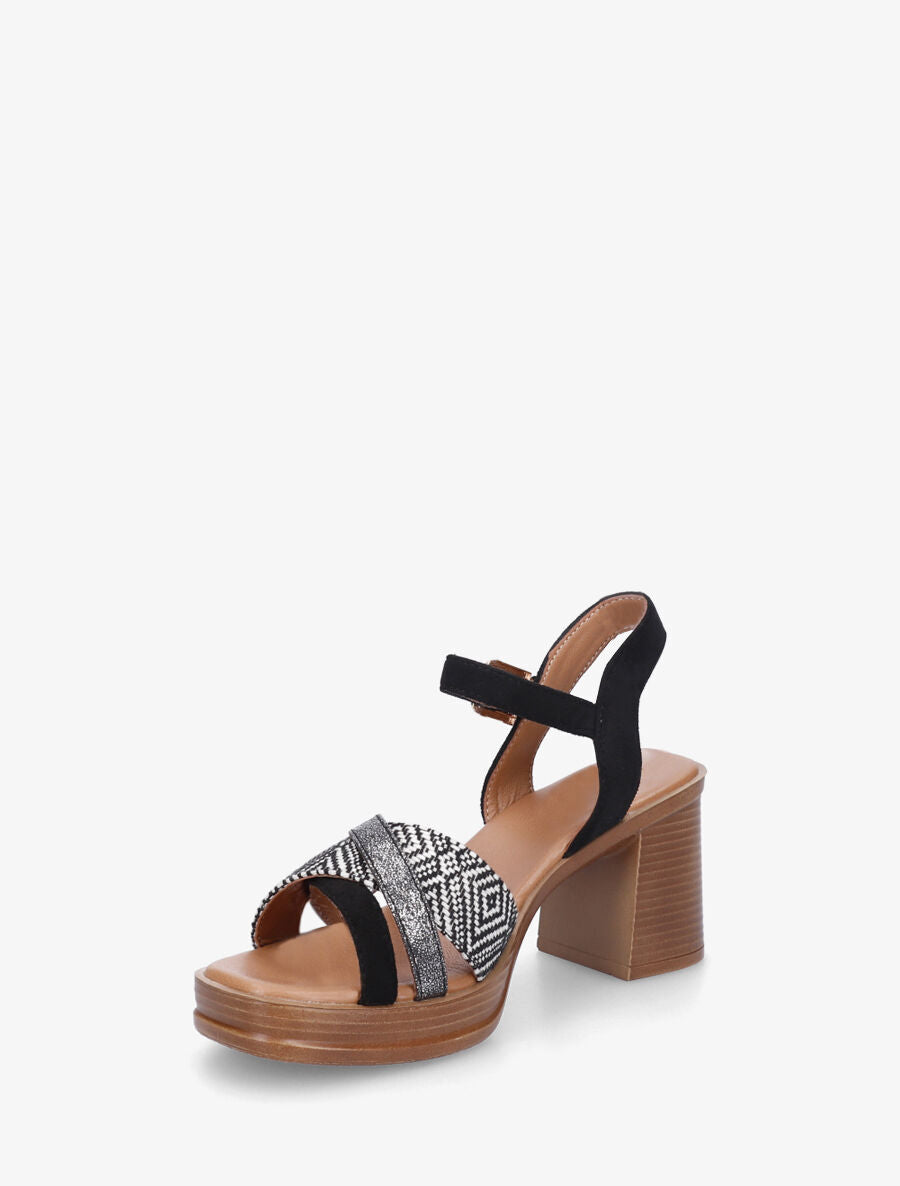 Sandales à talon à imprimé losanges - Noir - 3