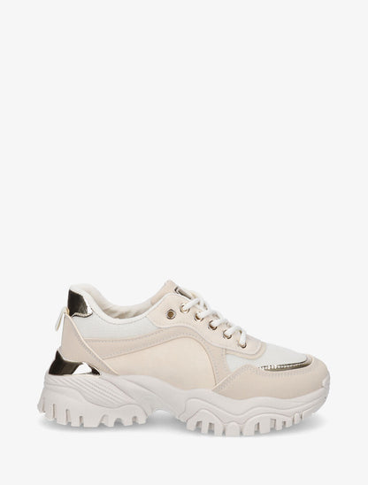 Sneakers en simili à empiècement métal au talon - Beige - 5