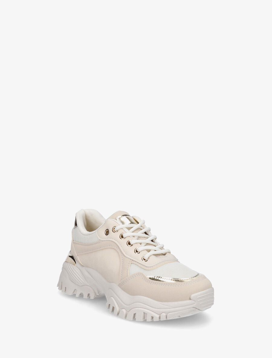 Sneakers en simili à empiècement métal au talon - Beige - 2