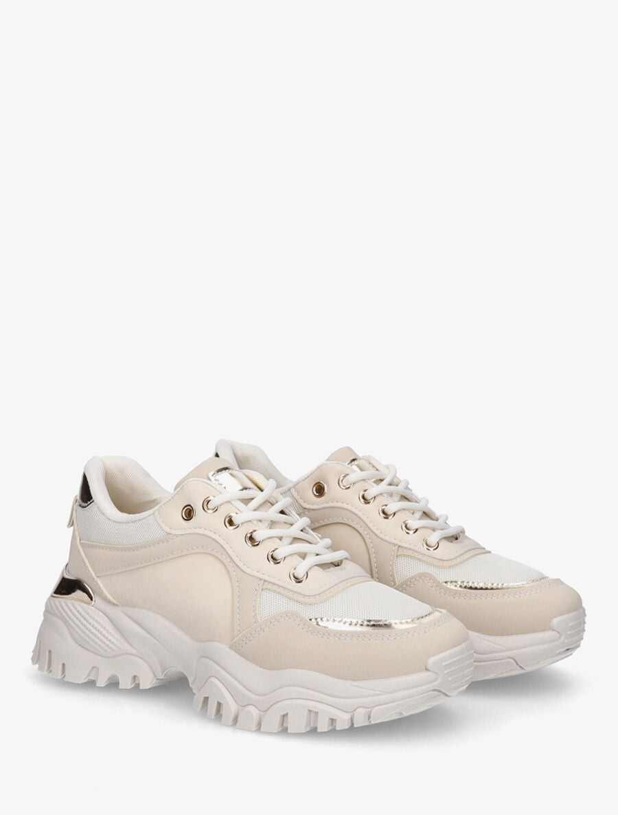 Sneakers en simili à empiècement métal au talon - Beige - 4