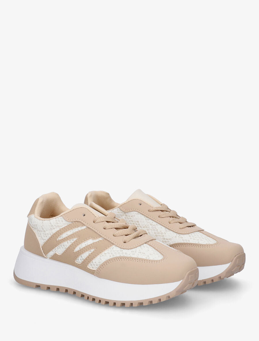 Baskets en simili et dentelle - Beige foncé - 4