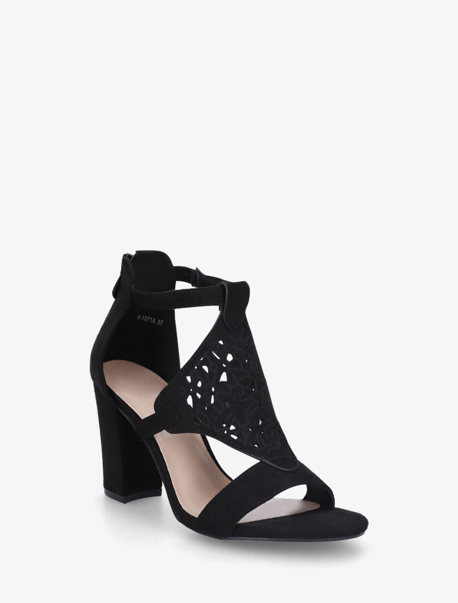 Sandales en suédine à claque piquetée motif fleuri - Noir - 2