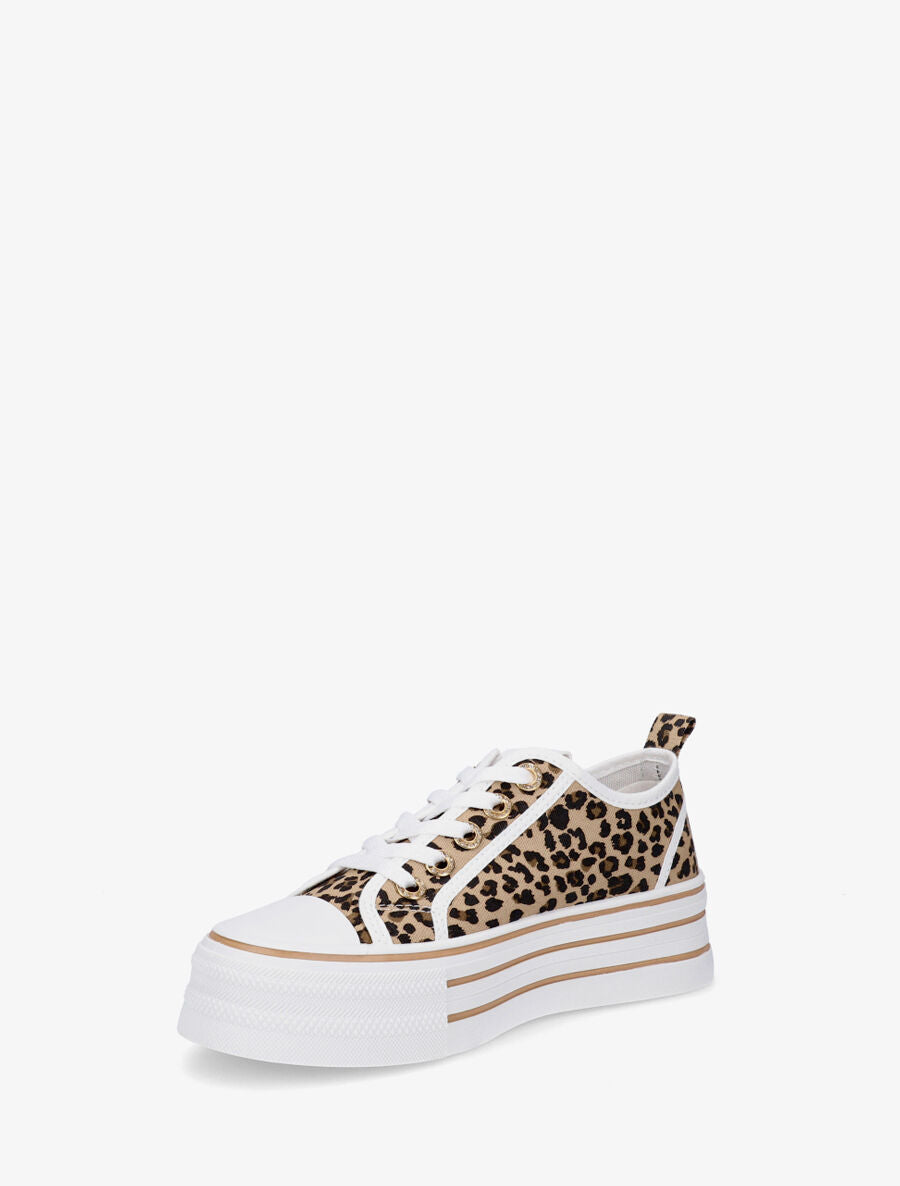 Sneakers léopard à plateforme et œillets strassés - Camel - 3