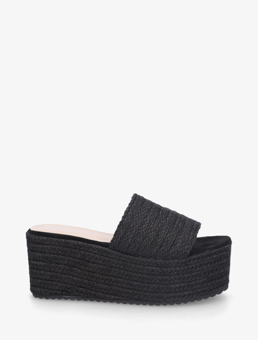 Mules à talon compensé haut en raphia - Noir - 5