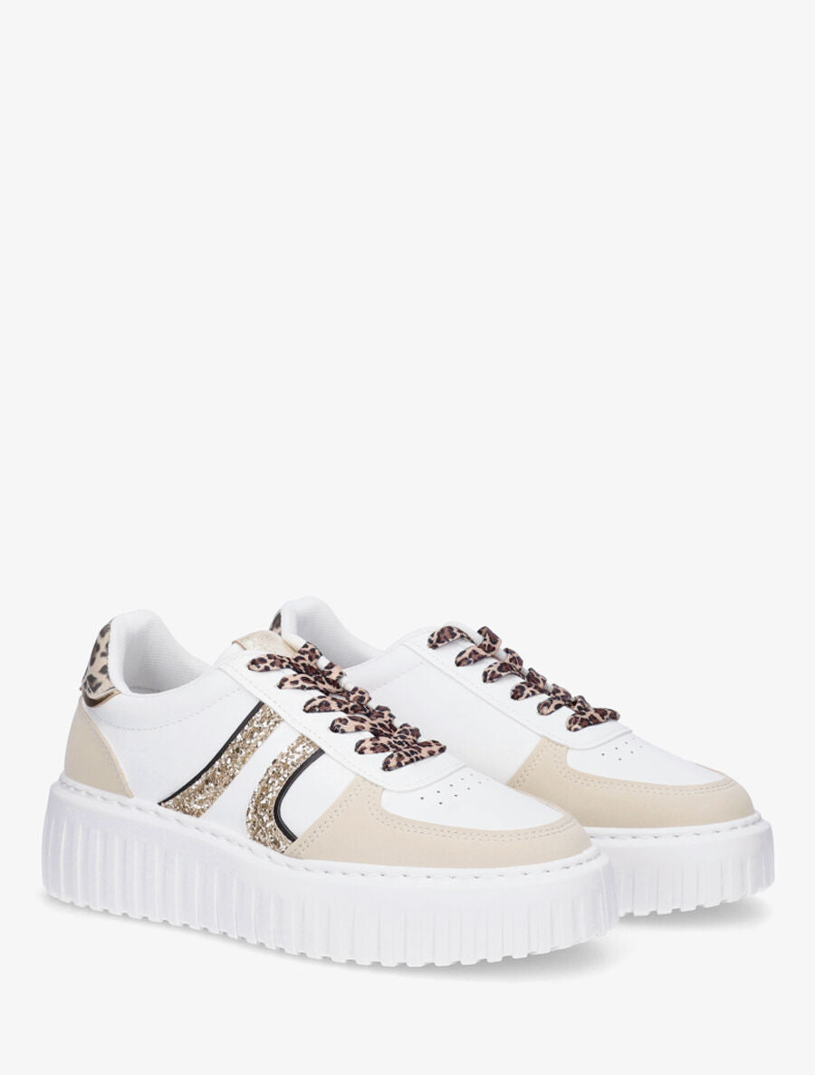 Sneakers à bandes pailletées en simili - Blanc - 4