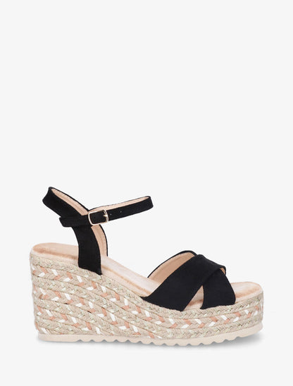 Sandales compensées en suédine et raphia - Noir - 5