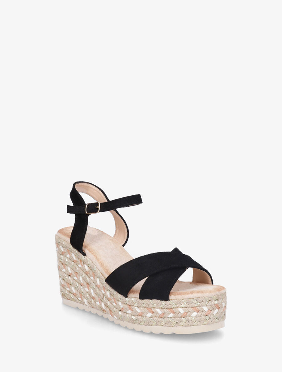 Sandales compensées en suédine et raphia - Noir - 2