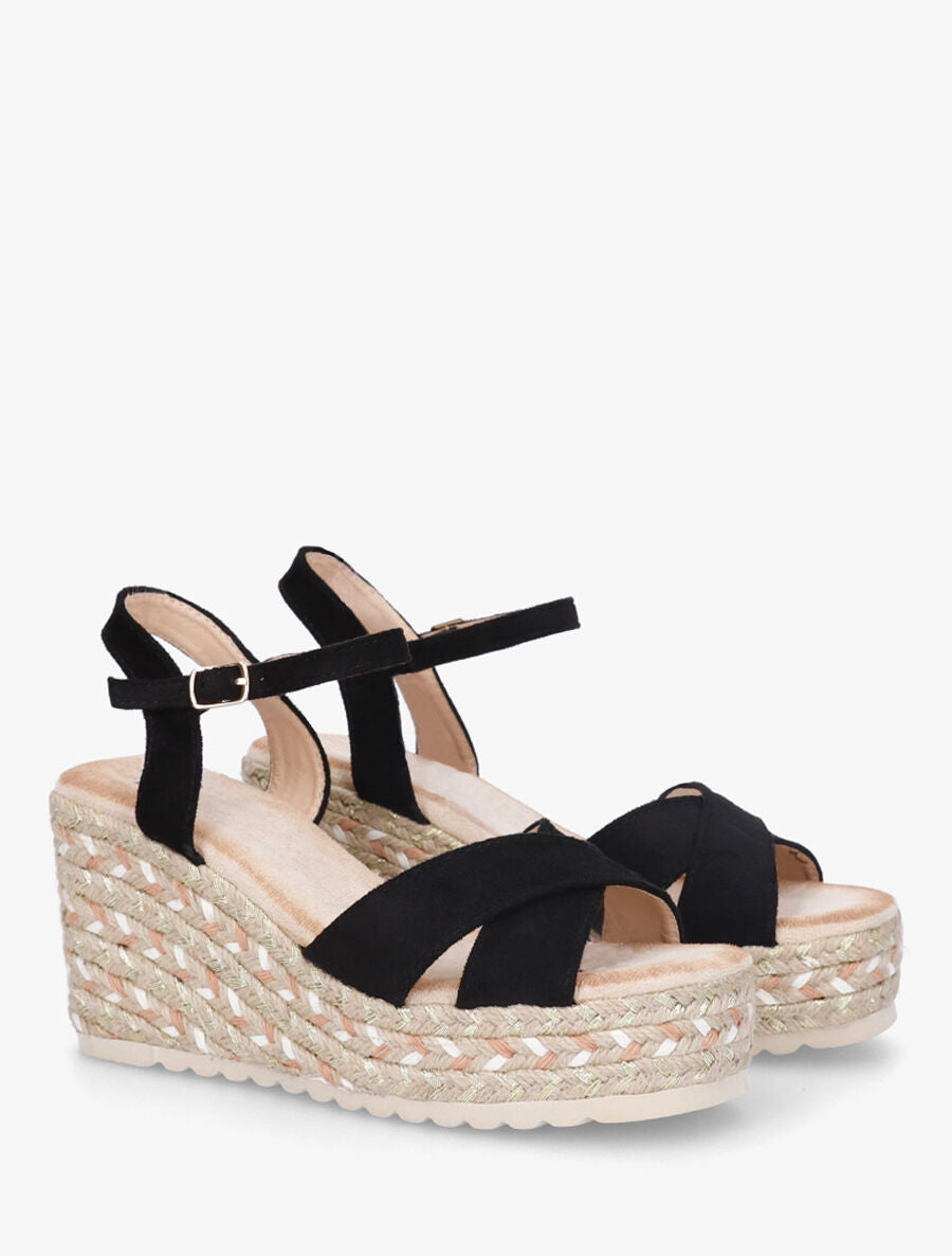 Sandales compensées en suédine et raphia - Noir - 4