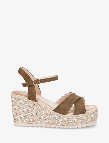 Sandales compensées en suédine et raphia - Kaki - 1