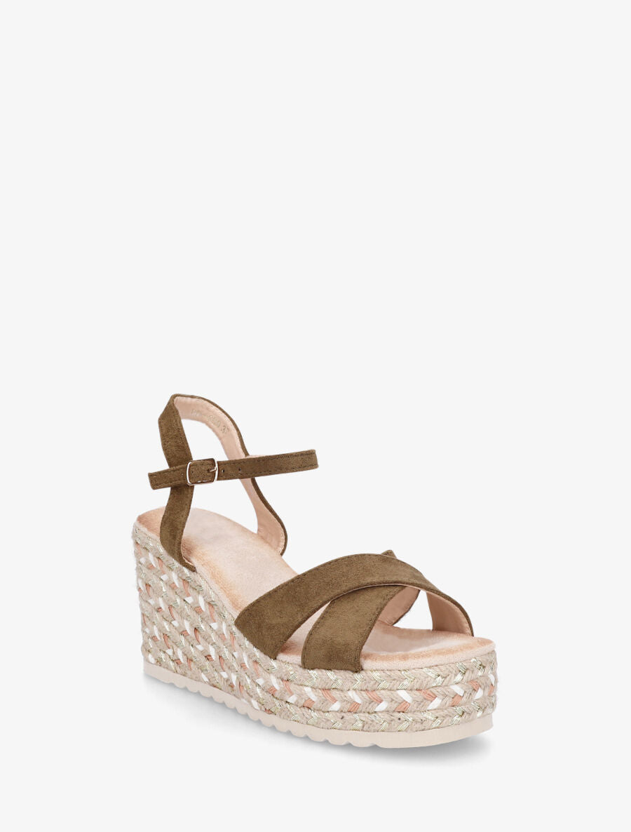 Sandales compensées en suédine et raphia - Kaki - 2