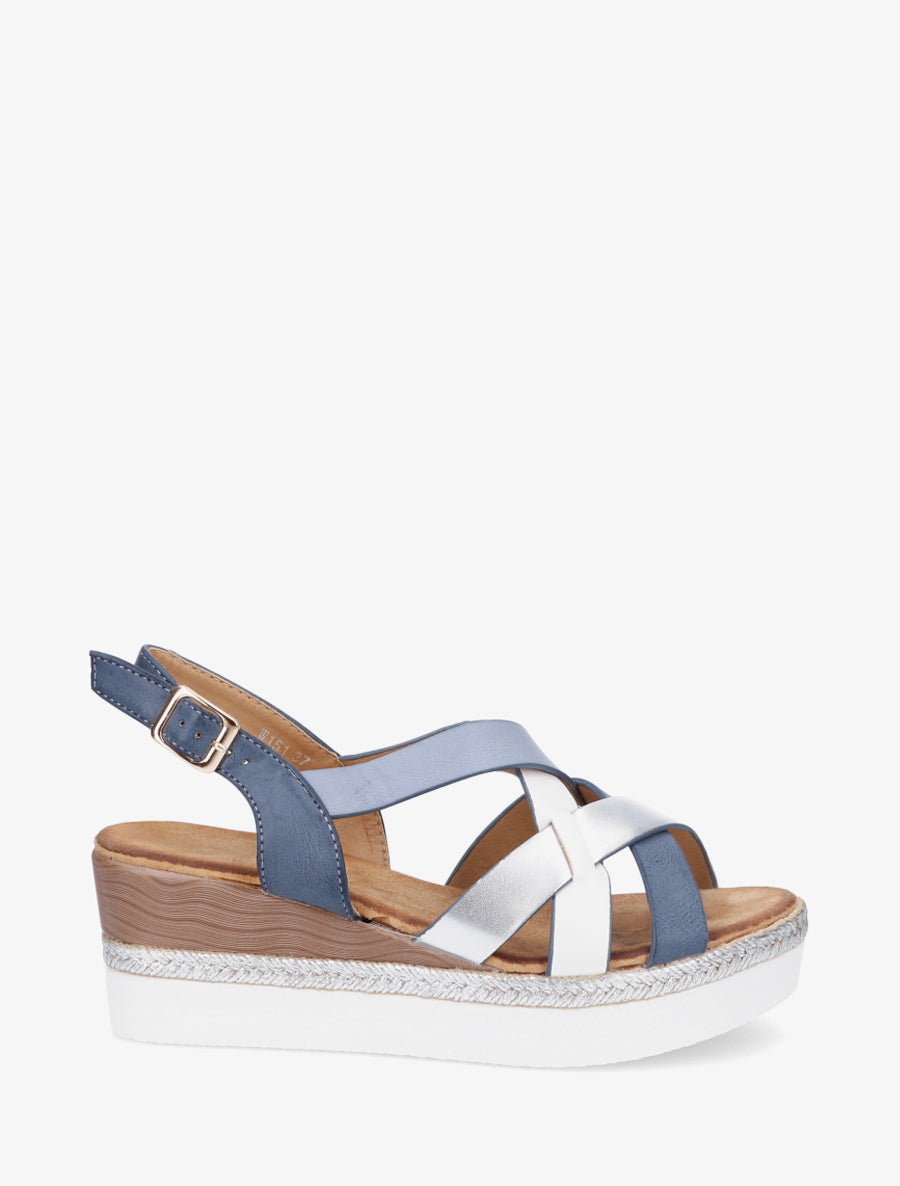 Sandales compensées effet bois nacrées - Bleu