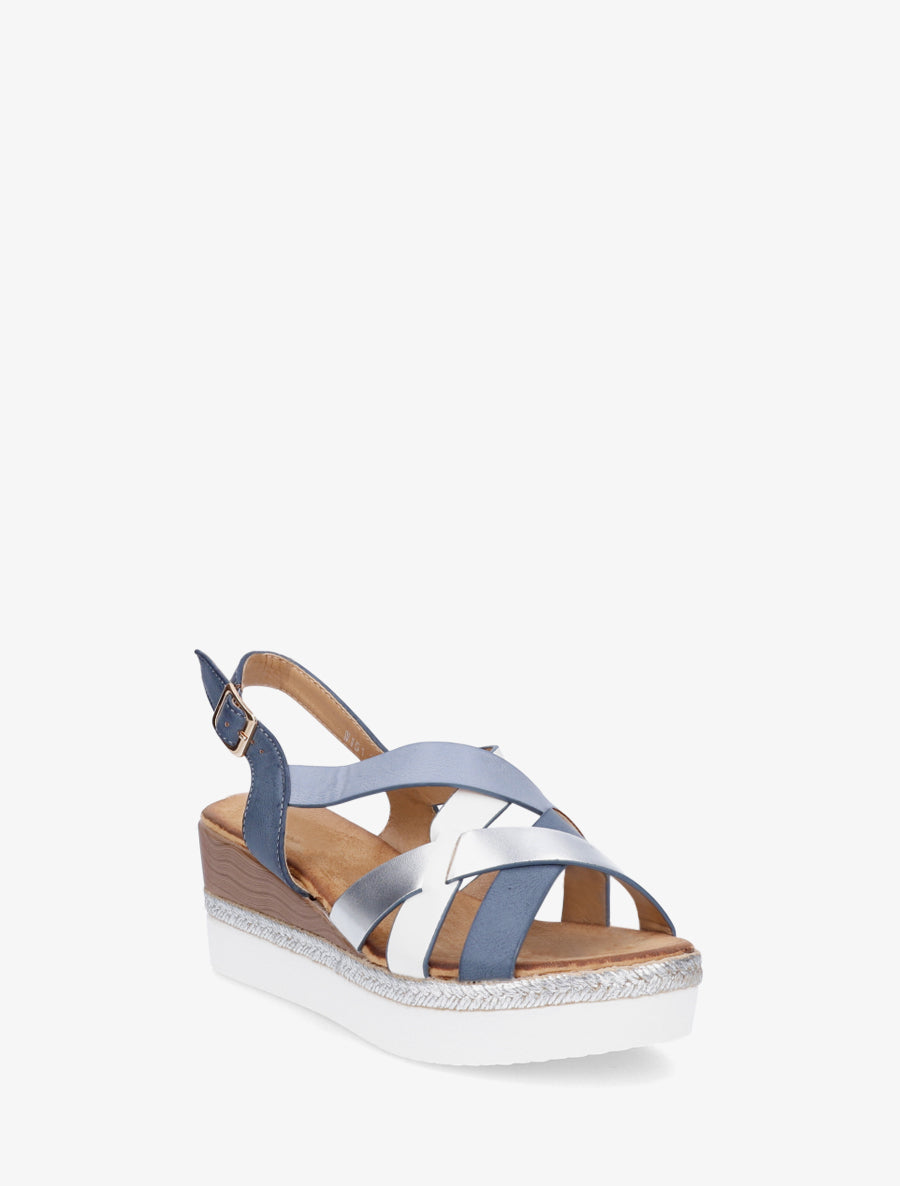 Sandales compensées effet bois nacrées - Bleu