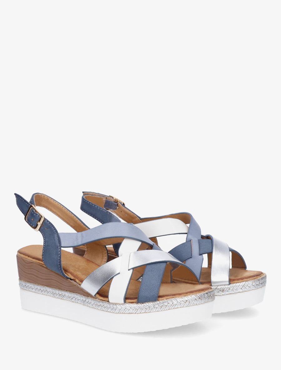 Sandales compensées effet bois nacrées - Bleu
