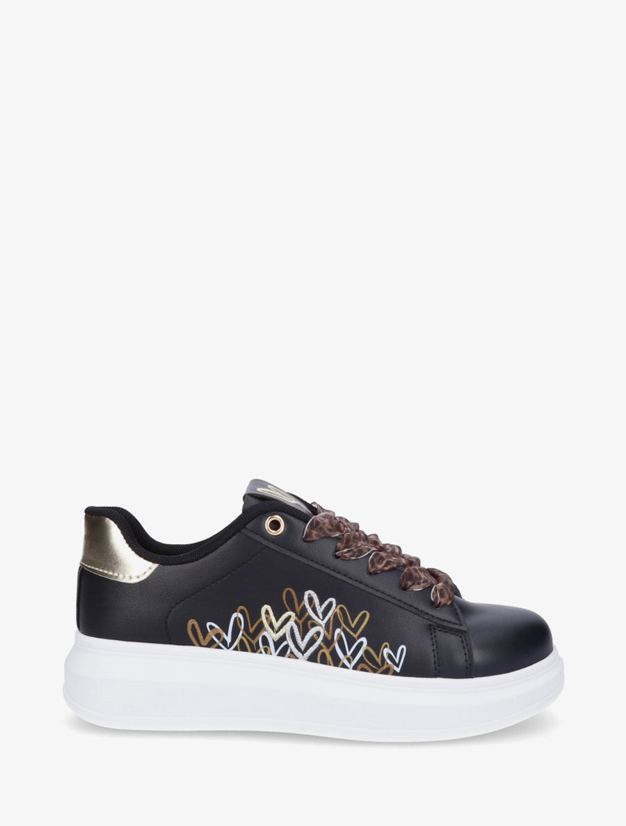 Sneakers imprimé coeurs à lacets en voile - Noir - 1