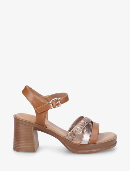 Sandales à talon et brides fantaisies python - Camel - 1
