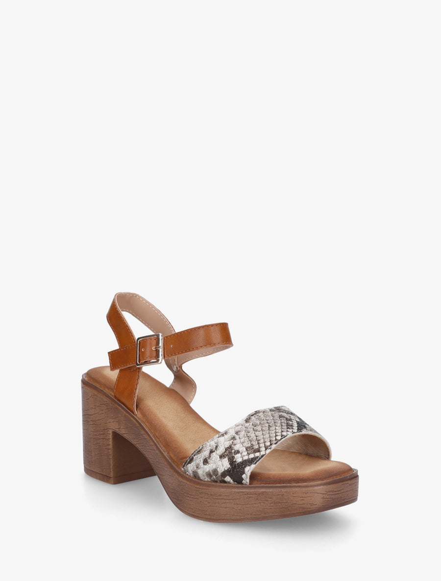 Sandales python à talon effet bois - Beige - 2