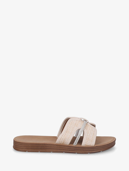 Mules plates en simili et raphia à strass - Beige - 1