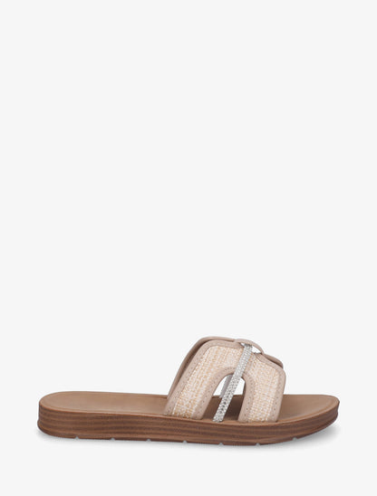 Mules plates en simili et raphia à strass - Taupe - 1