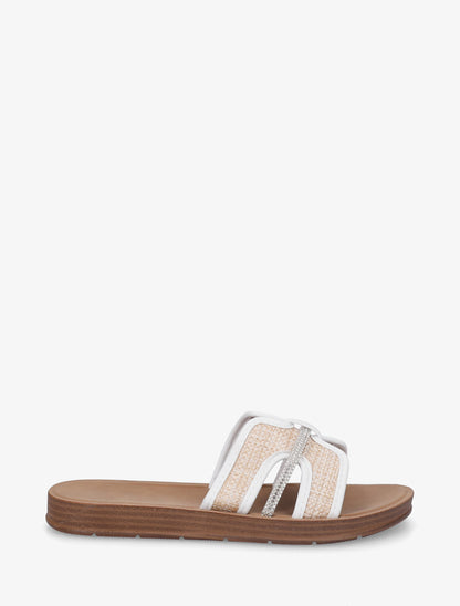 Mules plates en simili et raphia à strass - Blanc - 1
