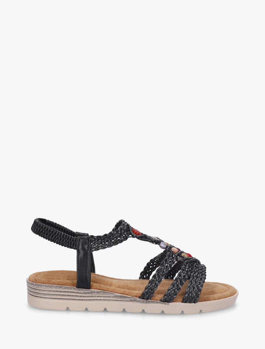 Sandales plates style macramé à perles - Noir - 1