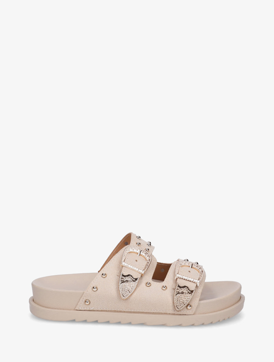 Claquettes cloutées en suédine - Beige - 1